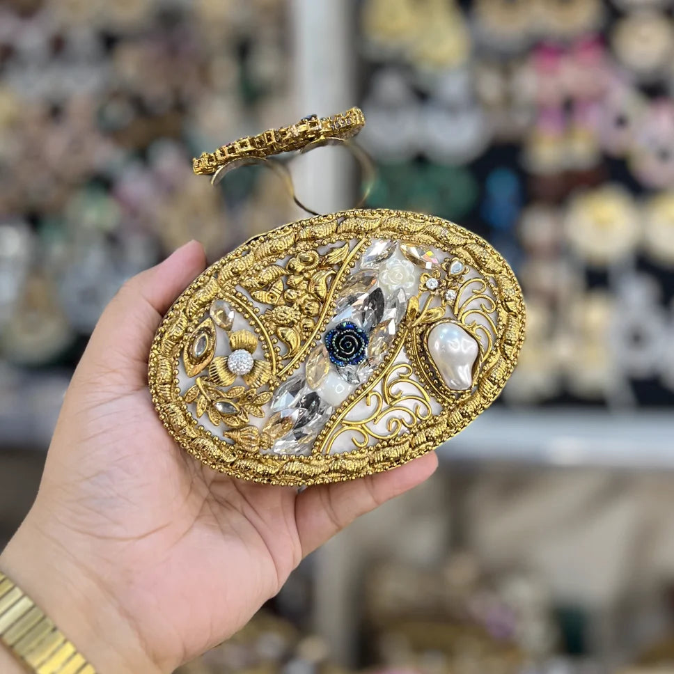MJ | PURPLE OVAL CLUTCH WITH GOLDEN DETAILS - Mairaj Accessories