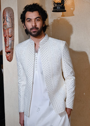 HK Fashion Off White Embroidered Front Open Princecoat