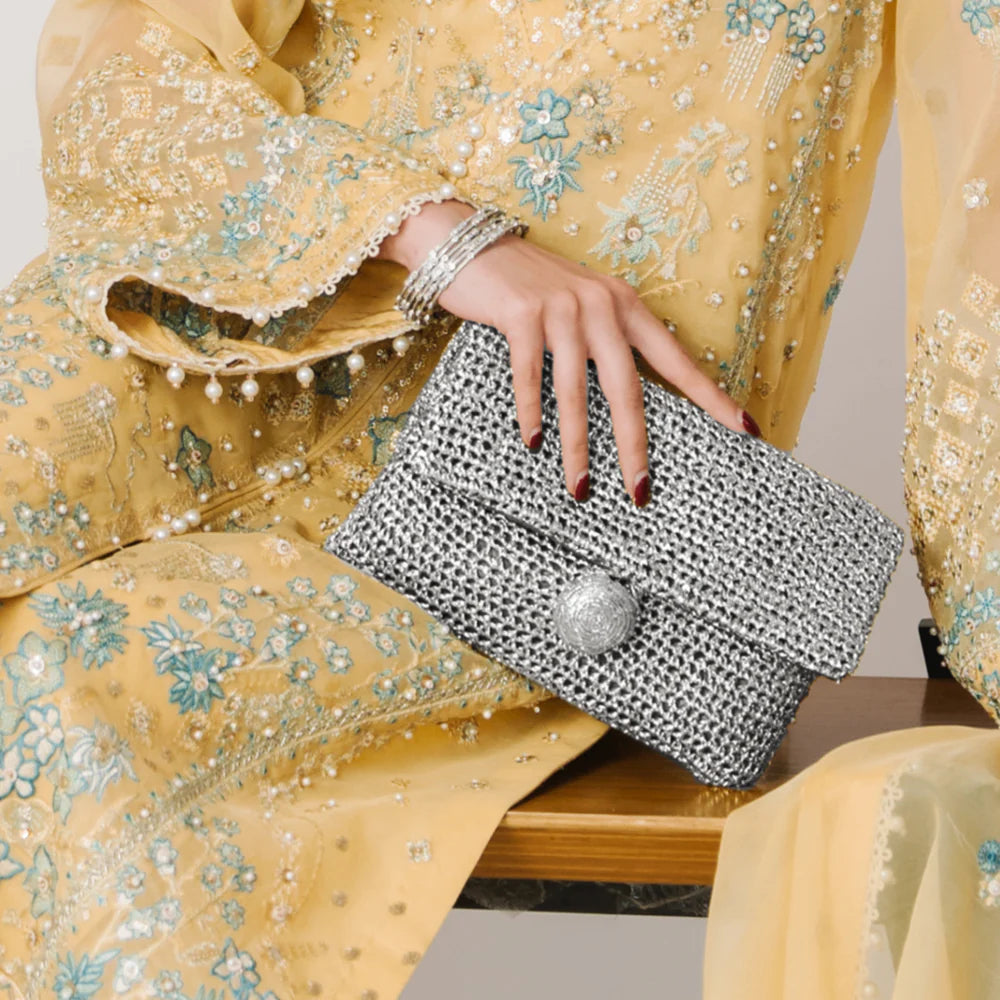 Hand Crochet Clutch - Silver/White - Zar