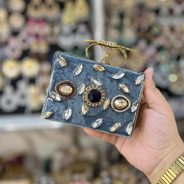 MJ | WATER LOO SQUARE CLTUCH WITH STONES AND GOLDEN DETAILS -