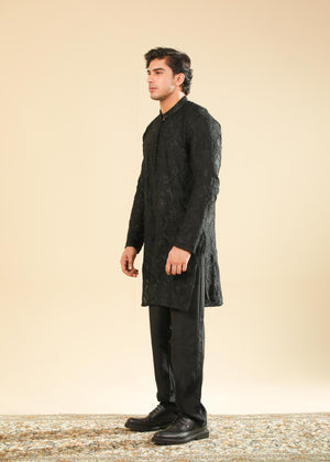 Muraqsh Zauq - Black Raw Silk Embroidered Kurta Trouser - Men