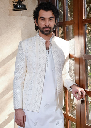 HK Fashion Off White Embroidered Front Open Princecoat