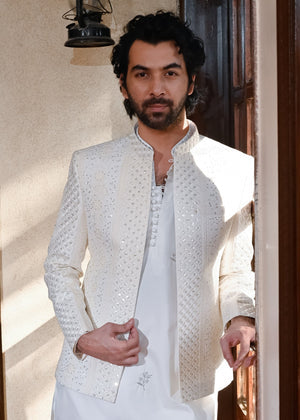 HK Fashion Off White Embroidered Front Open Princecoat