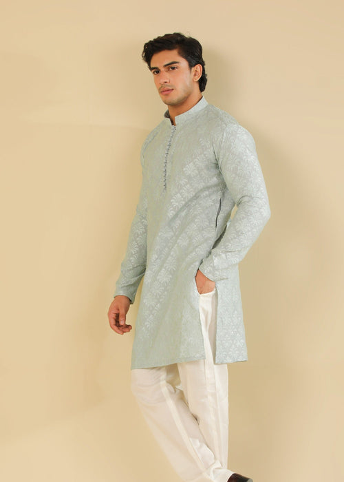 Muraqsh Abroo - Ice Blue Raw Silk Embroidered Kurta Trouser - Men