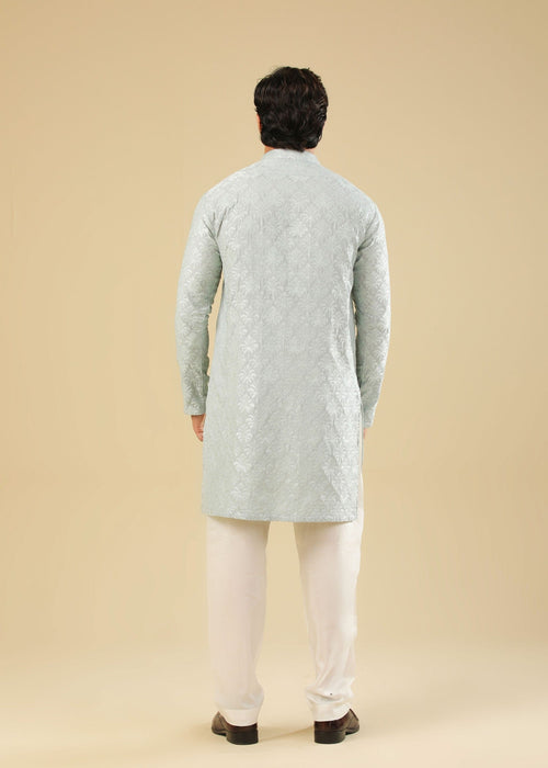 Muraqsh Abroo - Ice Blue Raw Silk Embroidered Kurta Trouser - Men