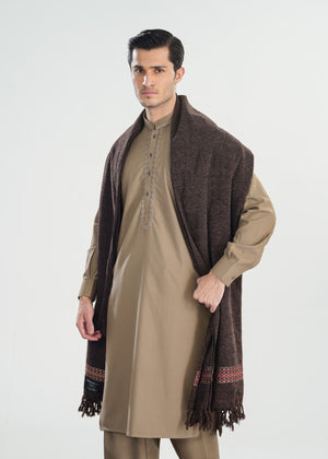 Muraqsh Dark Brown Jacquard Velvet Shawl - Men