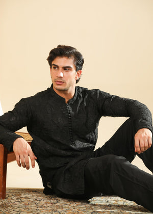 Muraqsh Zauq - Black Raw Silk Embroidered Kurta Trouser - Men