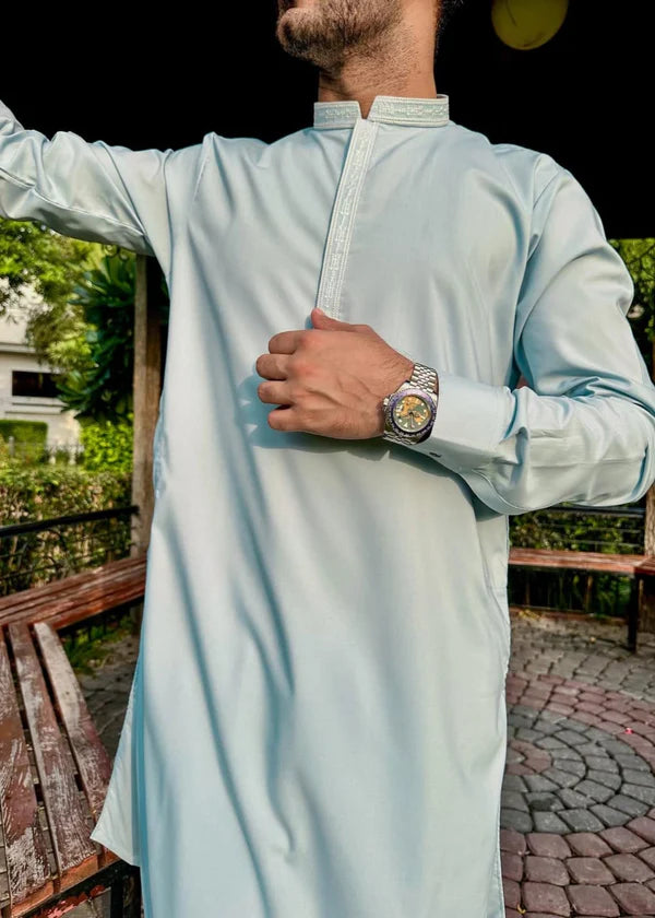 Formal Sky Blue Kurta Shalwar - Collar Neck Embroidered - Men - Muraqsh
