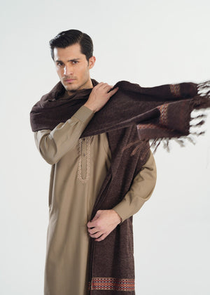 Muraqsh Dark Brown Jacquard Velvet Shawl - Men