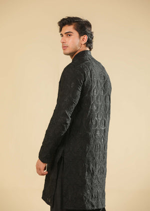Muraqsh Zauq - Black Raw Silk Embroidered Kurta Trouser - Men