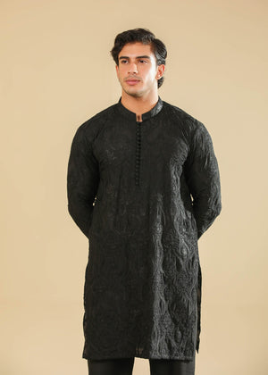 Muraqsh Zauq - Black Raw Silk Embroidered Kurta Trouser - Men