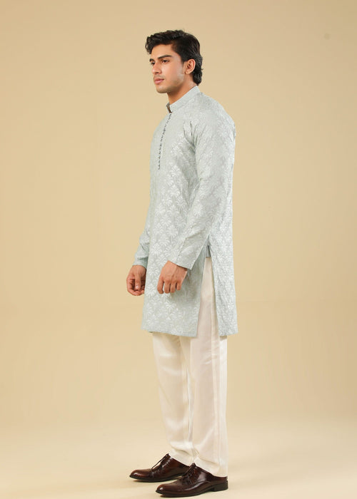 Muraqsh Abroo - Ice Blue Raw Silk Embroidered Kurta Trouser - Men