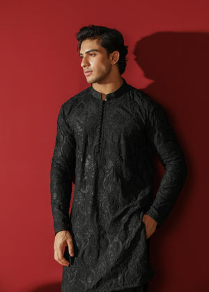 Muraqsh Zauq - Black Raw Silk Embroidered Kurta Trouser - Men