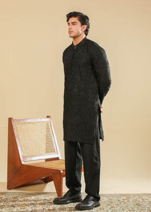 Muraqsh Zauq - Black Raw Silk Embroidered Kurta Trouser - Men