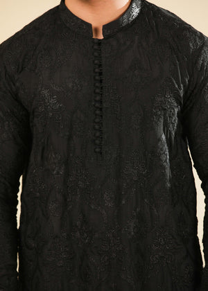 Muraqsh Zauq - Black Raw Silk Embroidered Kurta Trouser - Men