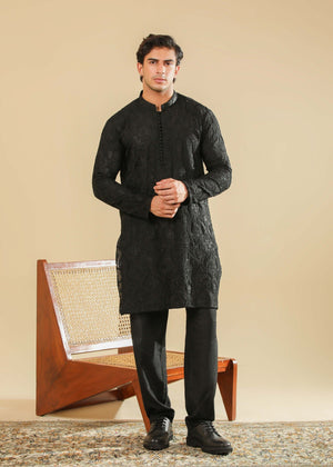 Muraqsh Zauq - Black Raw Silk Embroidered Kurta Trouser - Men