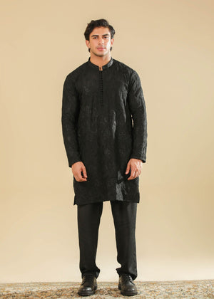 Muraqsh Zauq - Black Raw Silk Embroidered Kurta Trouser - Men