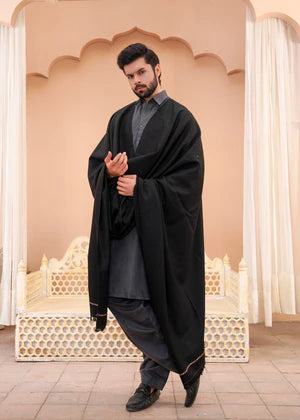 Pure Black Wool Shawl - Deenaar