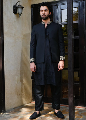 HK Fashion Black Princecoat Collar Sleeves Embroidery