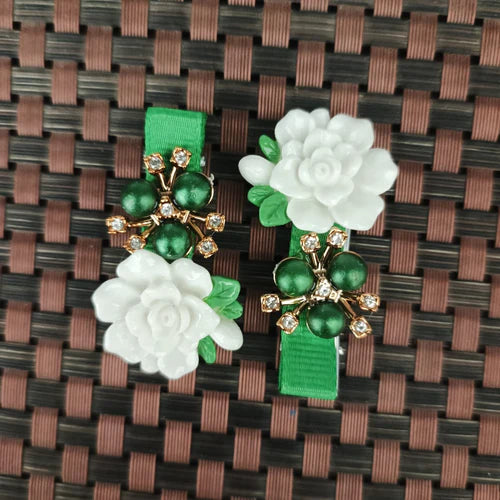 Pakistan Day White Green flower Hair Pins - Hareem Jewellers