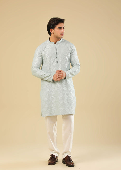 Muraqsh Abroo - Ice Blue Raw Silk Embroidered Kurta Trouser - Men