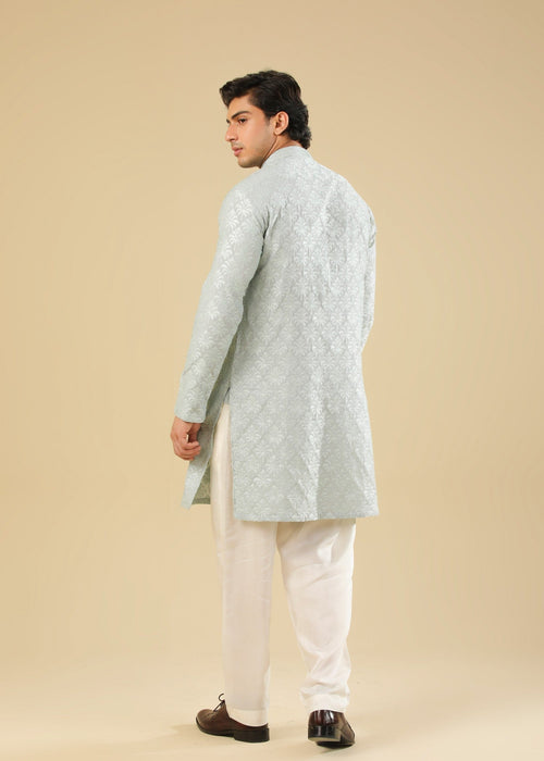 Muraqsh Abroo - Ice Blue Raw Silk Embroidered Kurta Trouser - Men