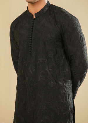 Muraqsh Zauq - Black Raw Silk Embroidered Kurta Trouser - Men