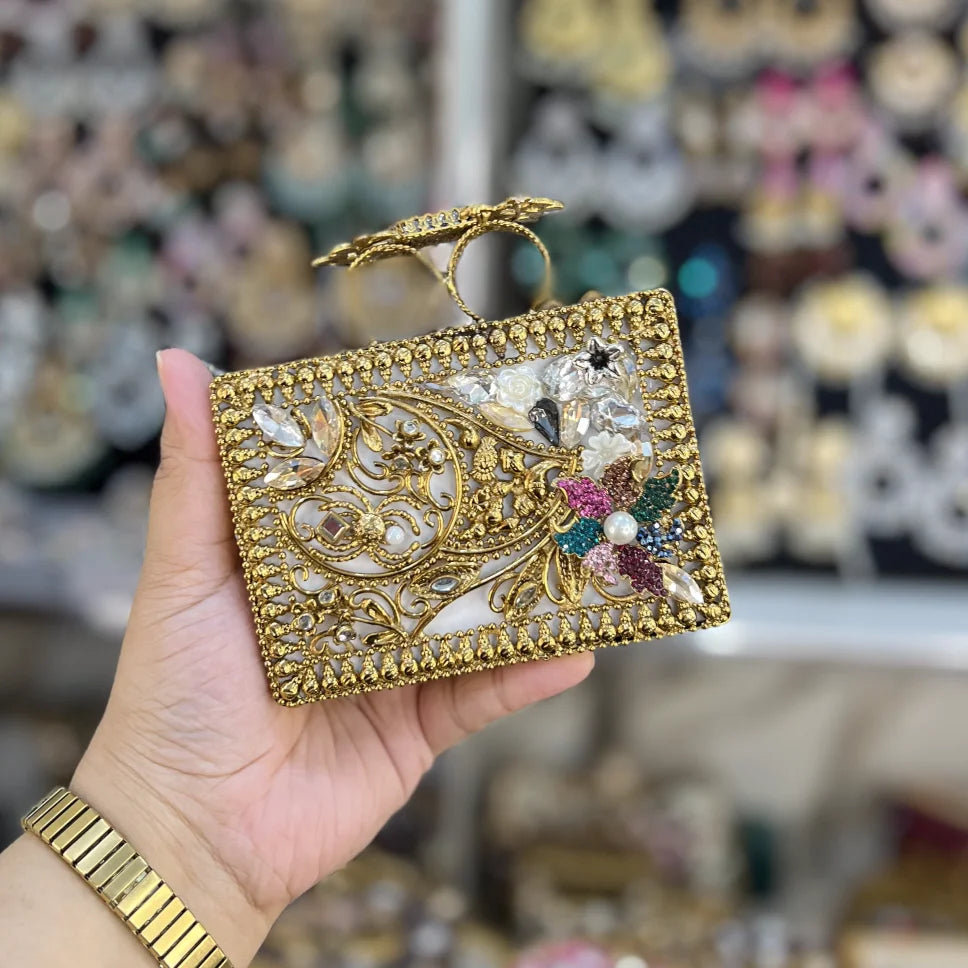 MJ | WATER LOO SQUARE CLTUCH WITH STONES AND GOLDEN DETAILS -