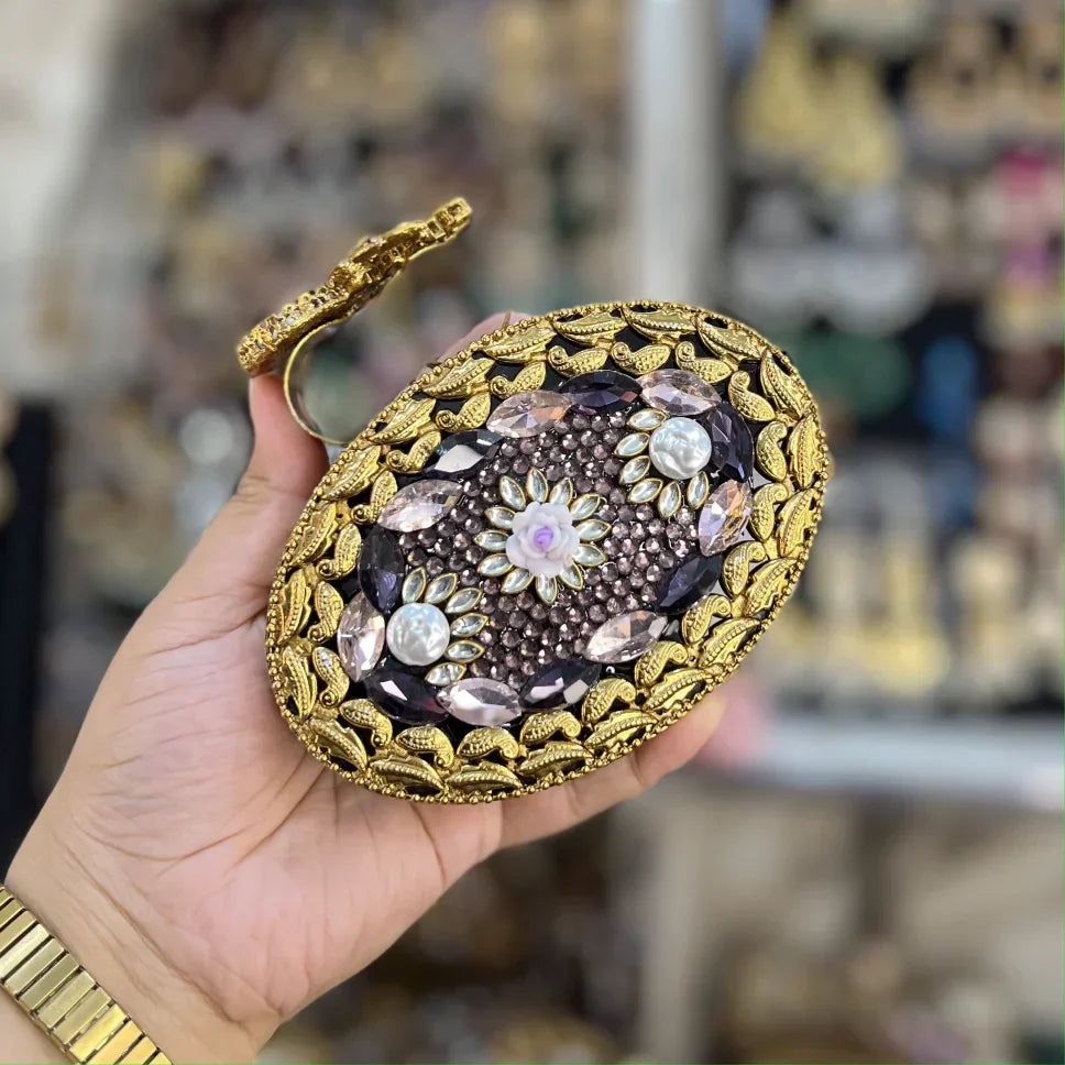 MJ | PURPLE OVAL CLUTCH WITH GOLDEN DETAILS - Mairaj Accessories