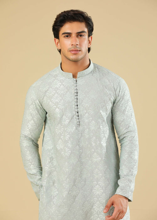 Muraqsh Abroo - Ice Blue Raw Silk Embroidered Kurta Trouser - Men