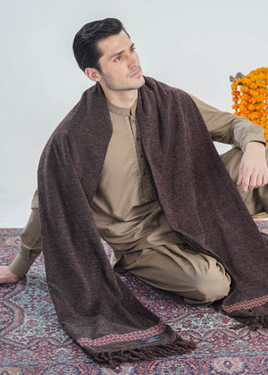 Muraqsh Dark Brown Jacquard Velvet Shawl - Men