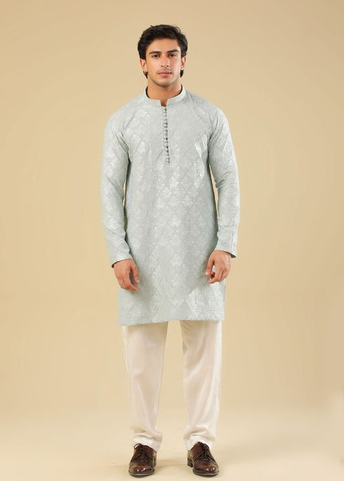 Muraqsh Abroo - Ice Blue Raw Silk Embroidered Kurta Trouser - Men