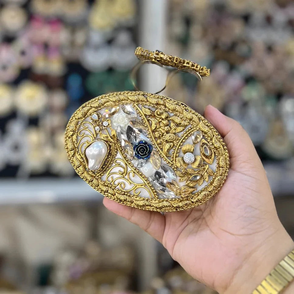 MJ | PURPLE OVAL CLUTCH WITH GOLDEN DETAILS - Mairaj Accessories