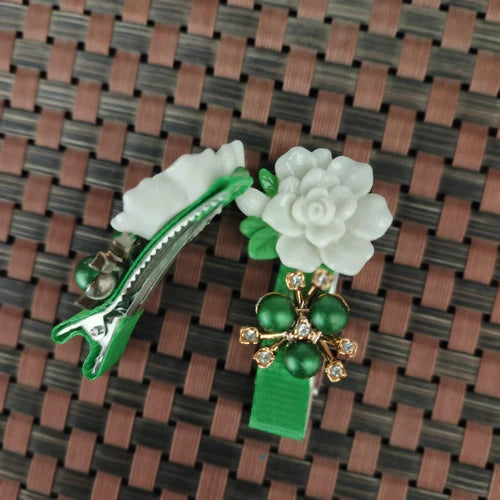 Pakistan Day White Green flower Hair Pins - Hareem Jewellers