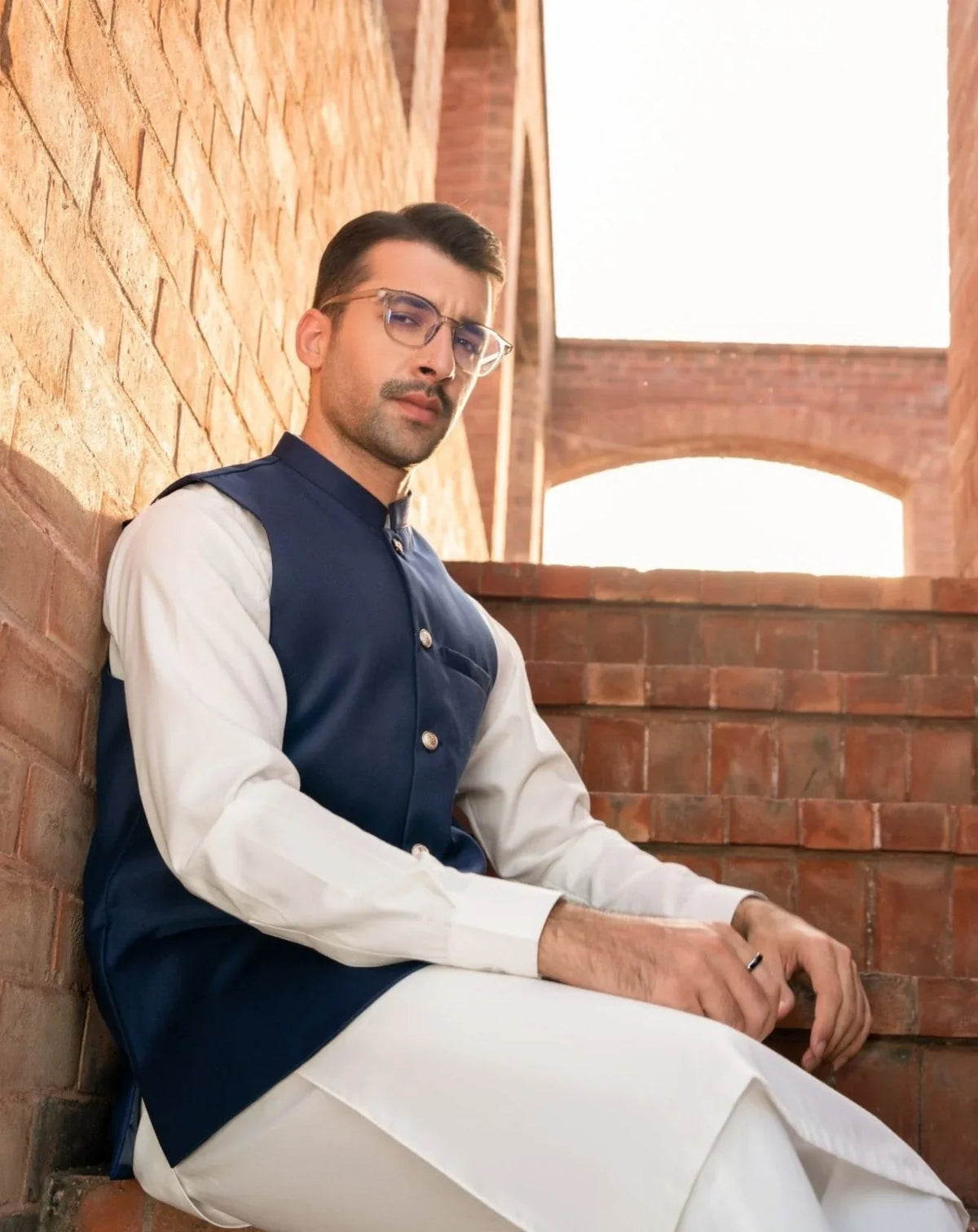 Off White Kameez Shalwar with Navy Blue Suiting Waistcoat - Round Cut - Men
