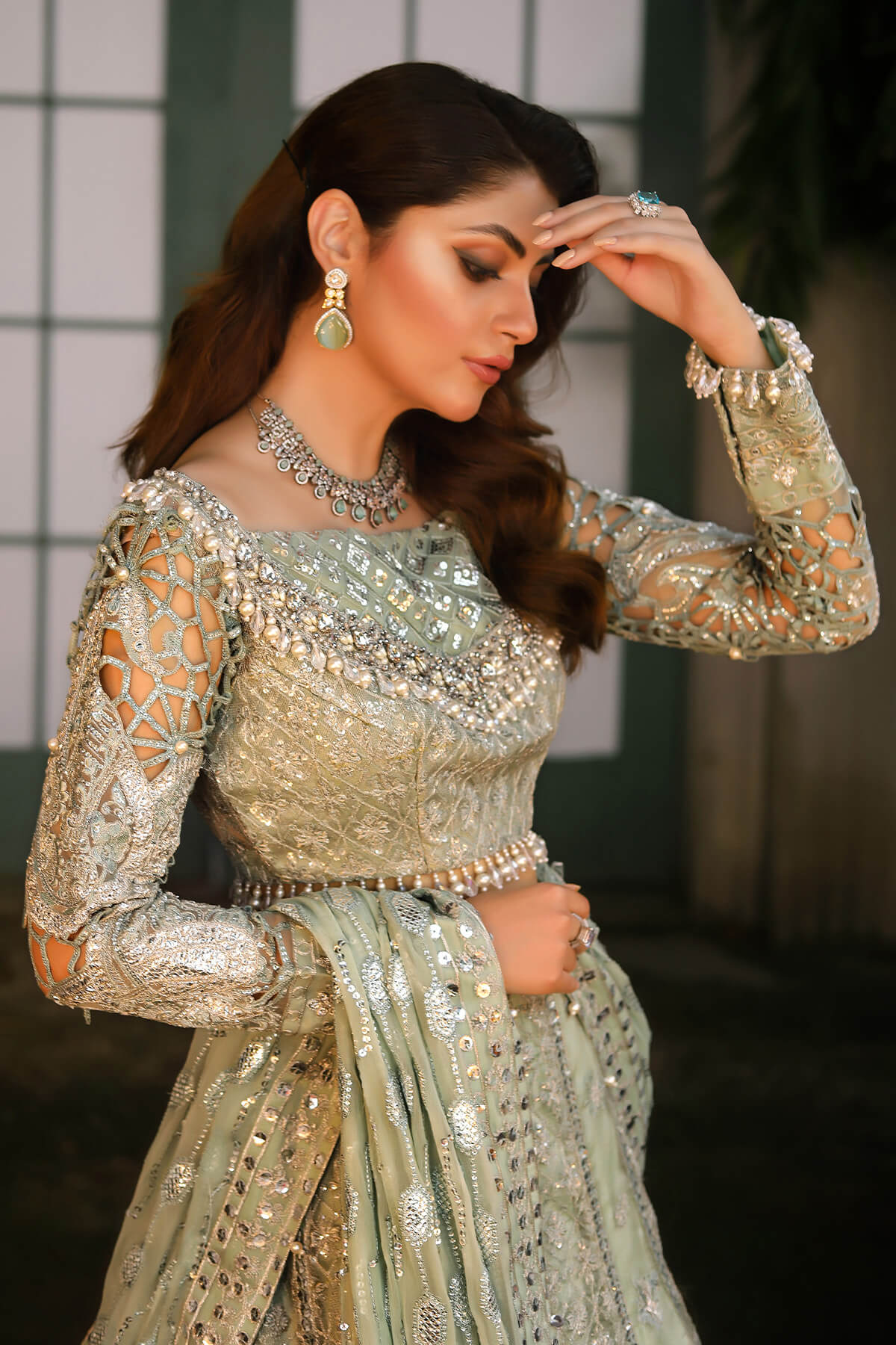 Raeesa Premium | Wajadan Wedding Formals | WD-2 Pea Green