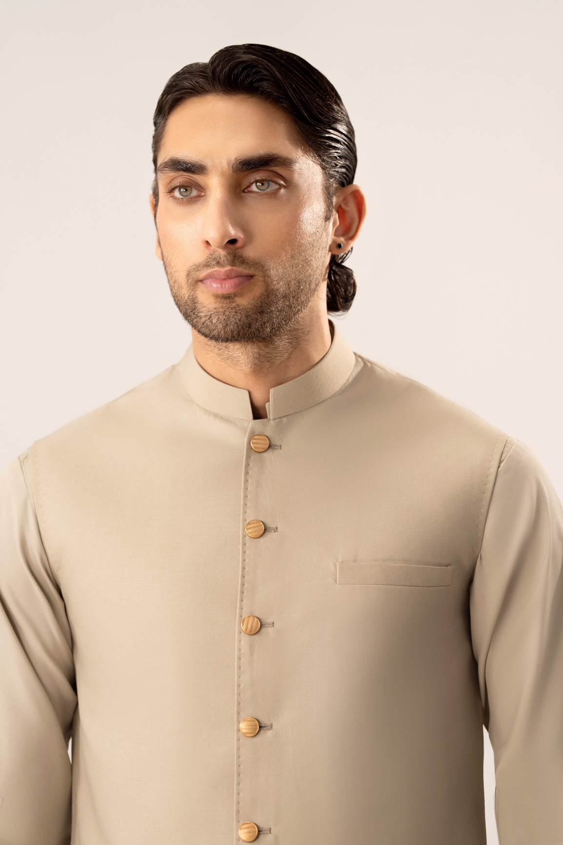 Light Beige Kurta Shalwar with Pick-Stitch Matching Waistcoat - Men