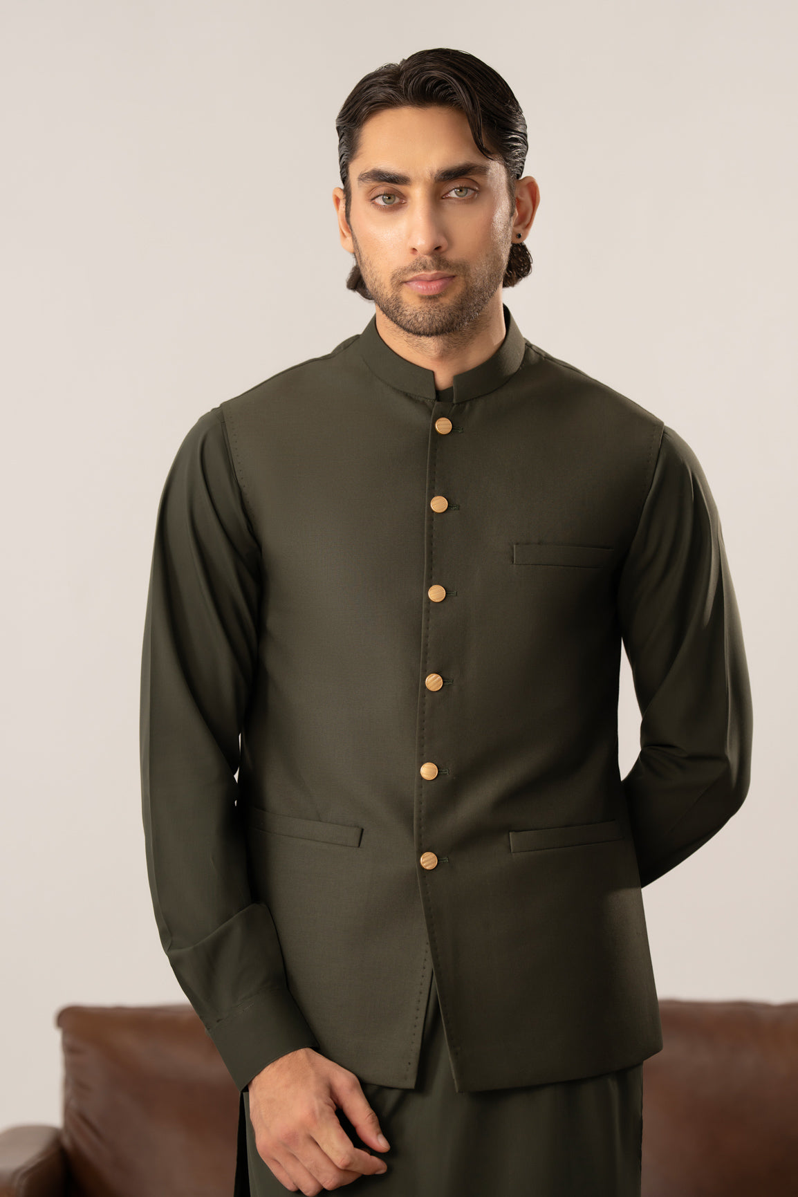 Army Green Pick-Stitch Suiting Waistcoat - Straight Cut - Men