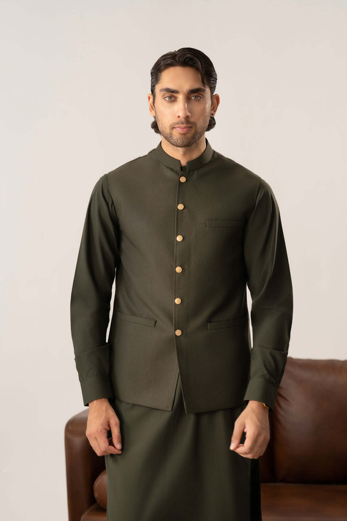 Army Green Pick-Stitch Suiting Waistcoat - Straight Cut - Men