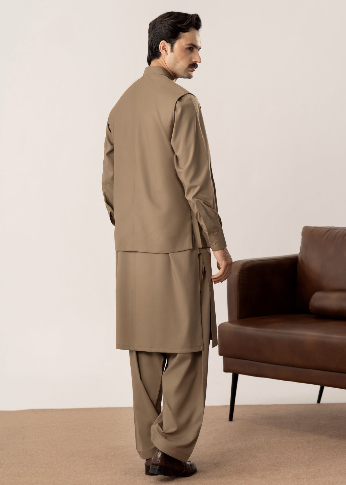 Stone Brown Kurta Shalwar with Pick-Stitch Matching Waistcoat - Men
