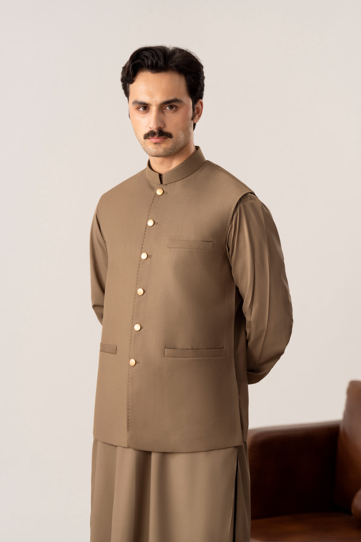 Stone Brown Kurta Shalwar with Pick-Stitch Matching Waistcoat - Men