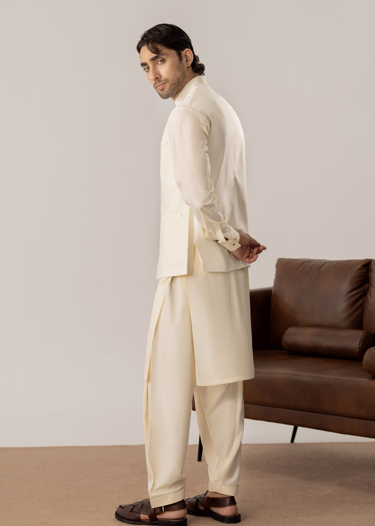 Bosky White Kurta Shalwar with Pick-Stitch Matching Waistcoat - Men
