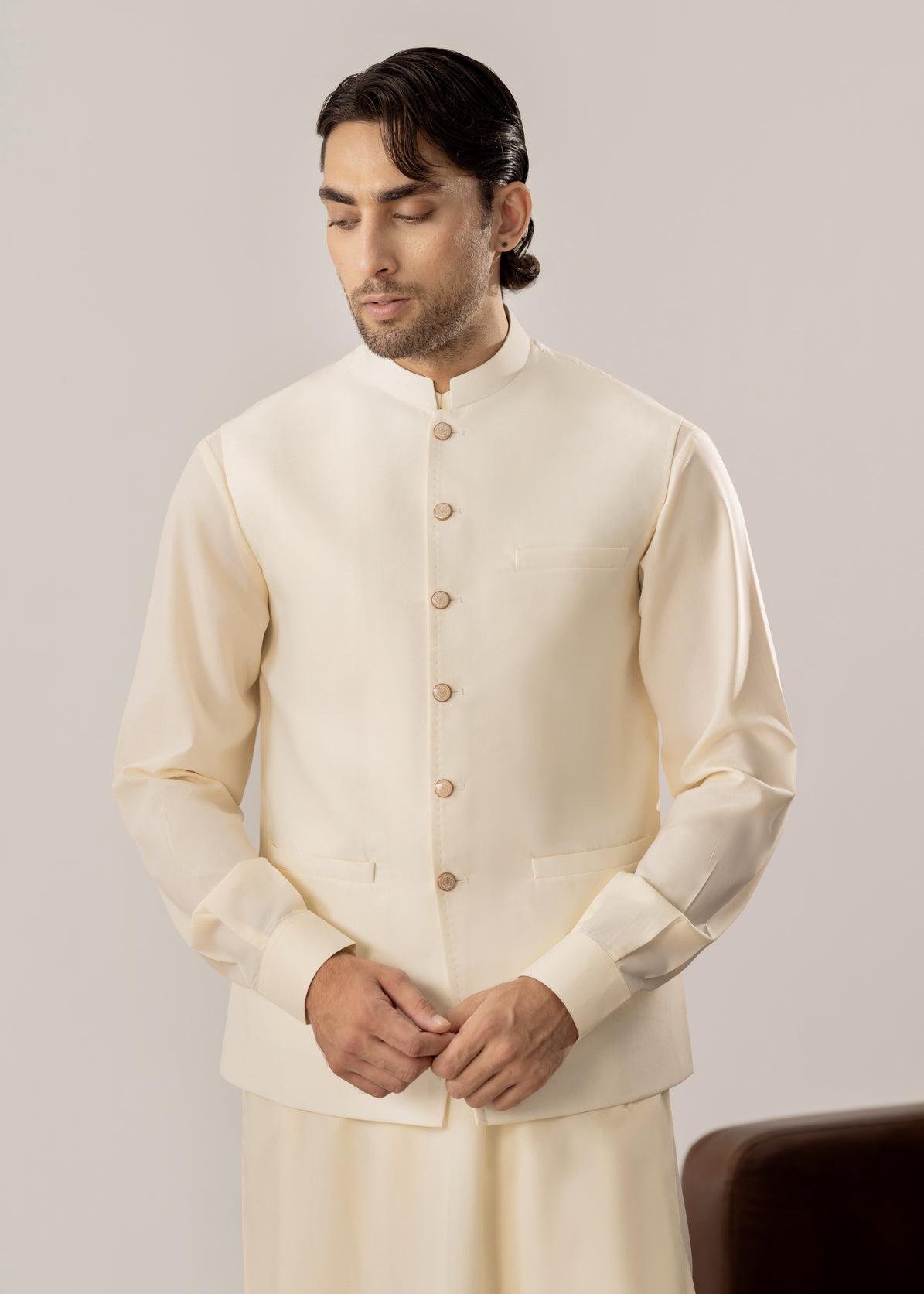 Bosky White Kurta Shalwar with Pick-Stitch Matching Waistcoat - Men