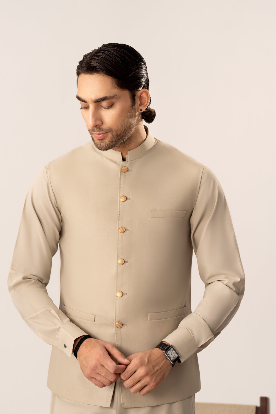 Light Beige Kurta Shalwar with Pick-Stitch Matching Waistcoat - Men