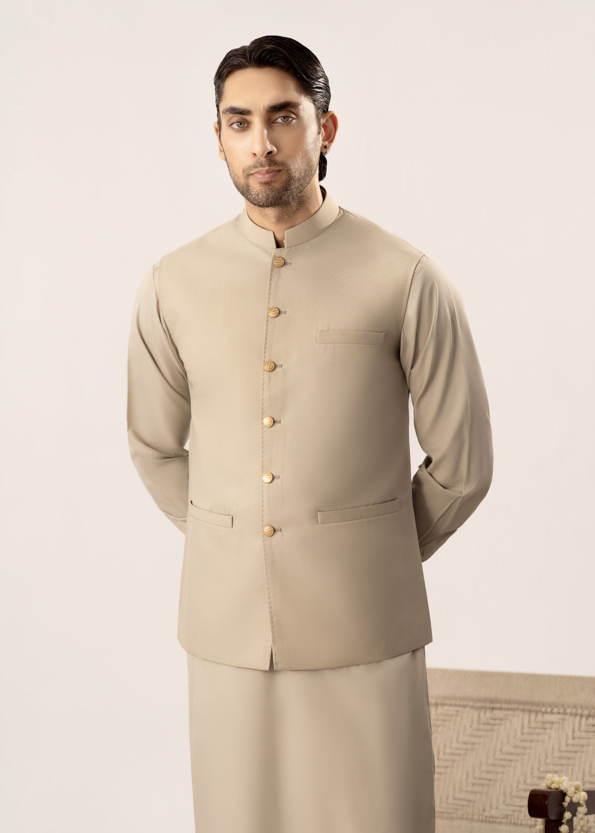 Light Beige Kurta Shalwar with Pick-Stitch Matching Waistcoat - Men