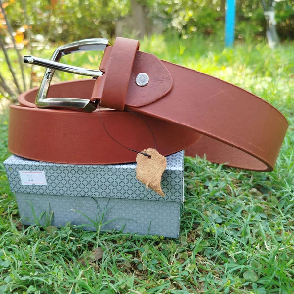 Brown Leather Belt with Classic Buckle - Khan's Wear
